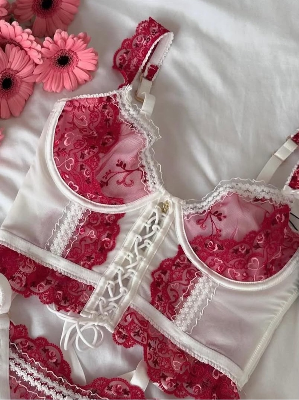 Lilunderwear Lace-Trim Bustier in Pink and White